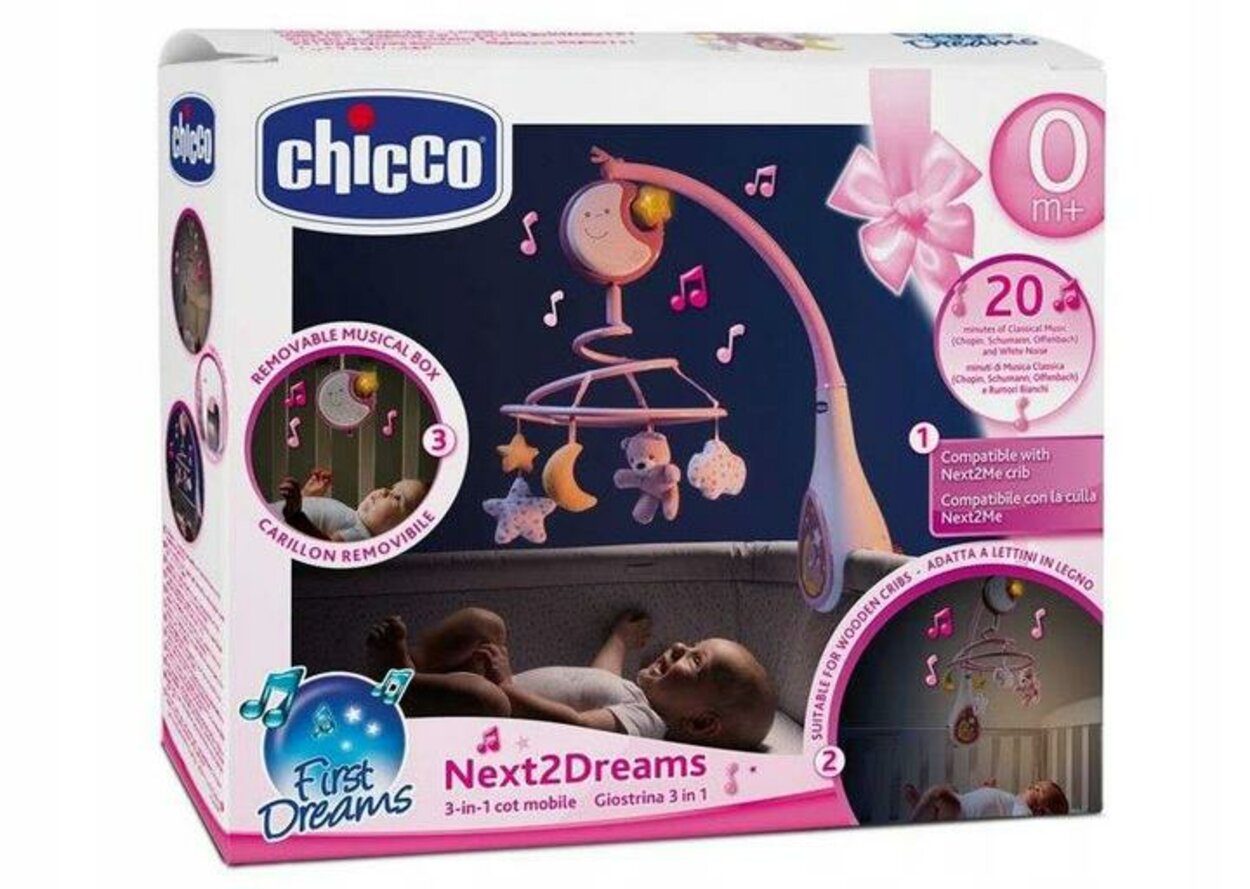 CHICCO Kolotoč nad postieľku a závesná hračka 3v1 Next2Dreams ružová 0m+ |  Predeti.sk