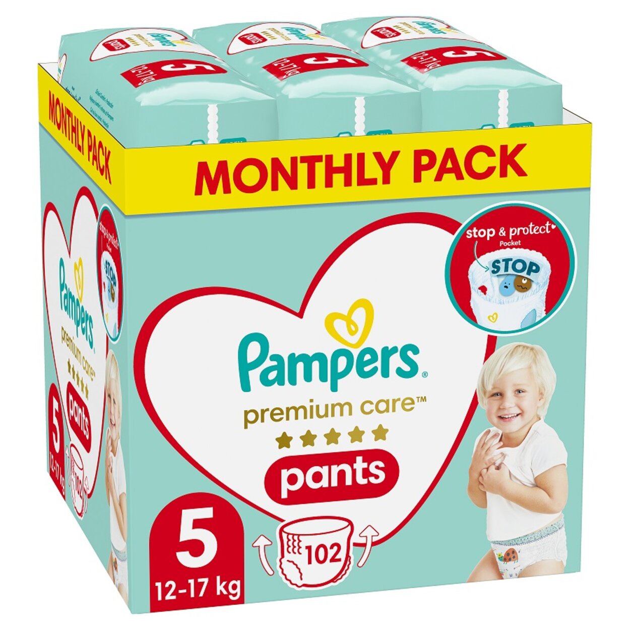 PAMPERS Premium Care Nohavičky plienkové veľ. 5 (12-17 kg) 102 ks |  Predeti.sk