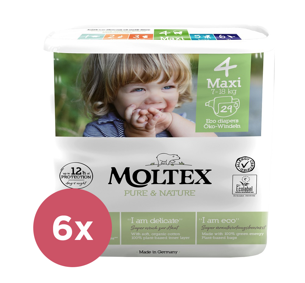 6x MOLTEX Pure&Nature Plienky jednorazové 4 Maxi (7-18 kg) 29 KS - ECONOMY  PACK | Predeti.sk